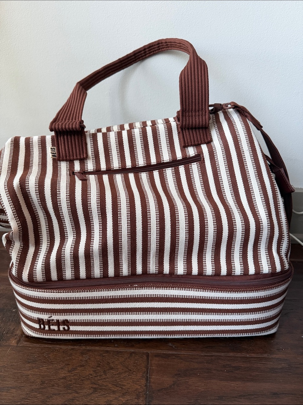 BEIS Brown and White Striped Weekender Bag